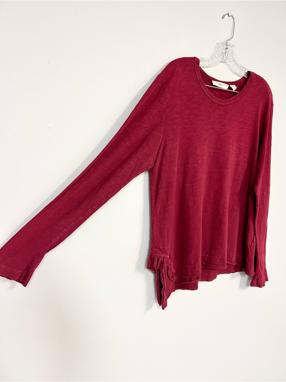 WILT 🎈Anthropologie Cotton Slub Oversized Long Sleeved Ruffle Hem Top - Size L - Picture 2 of 5
